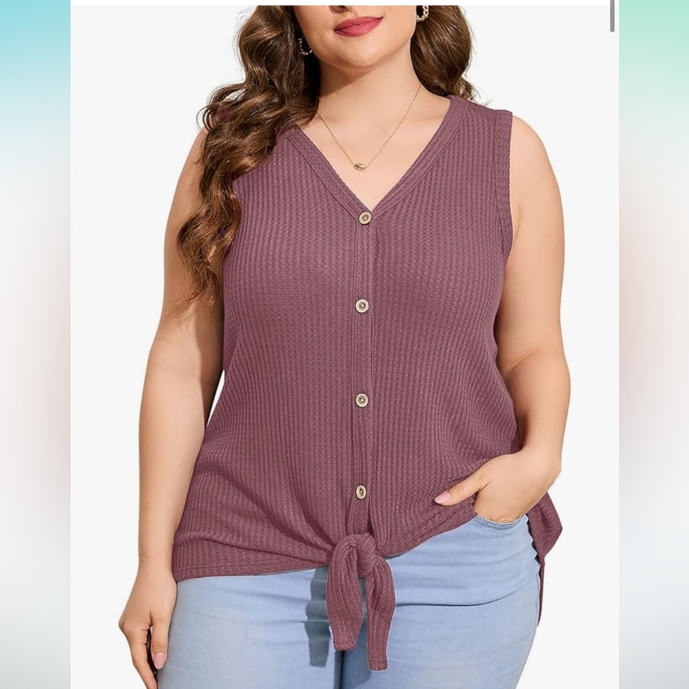 Women’s (2X) Tie-Front Sleeveless Button Down Waffle Knit Top - Mauve